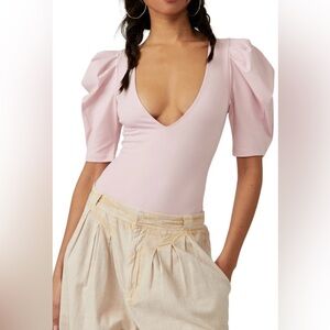 Free People NWOT Va Va Voop Puffed Sleeve Pink Bodysuit